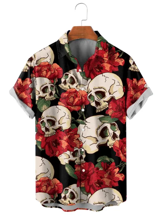 Fashion%20Skull%20Floral%20Men's%20Shirts%20Funny%20Skull%203D%20Print%20Streetwear%20Short%20Sleeve%20Tees%20Hawaiian%20Shirt%20Print%20Lapel%20Shirts%20For%20Men%20-%20Image%202