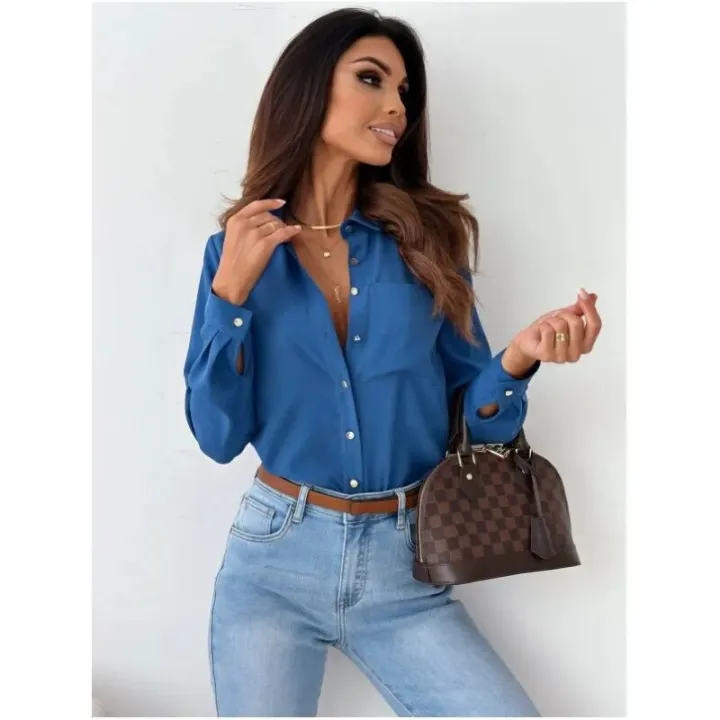 Elegant%20Lady%20Shirt%20Top%20Blouse2023%20Autumn%20Simple%20Solid%20V-Neck%20Shirt%20Office%20Women's%20Wear%20-%20Image%203