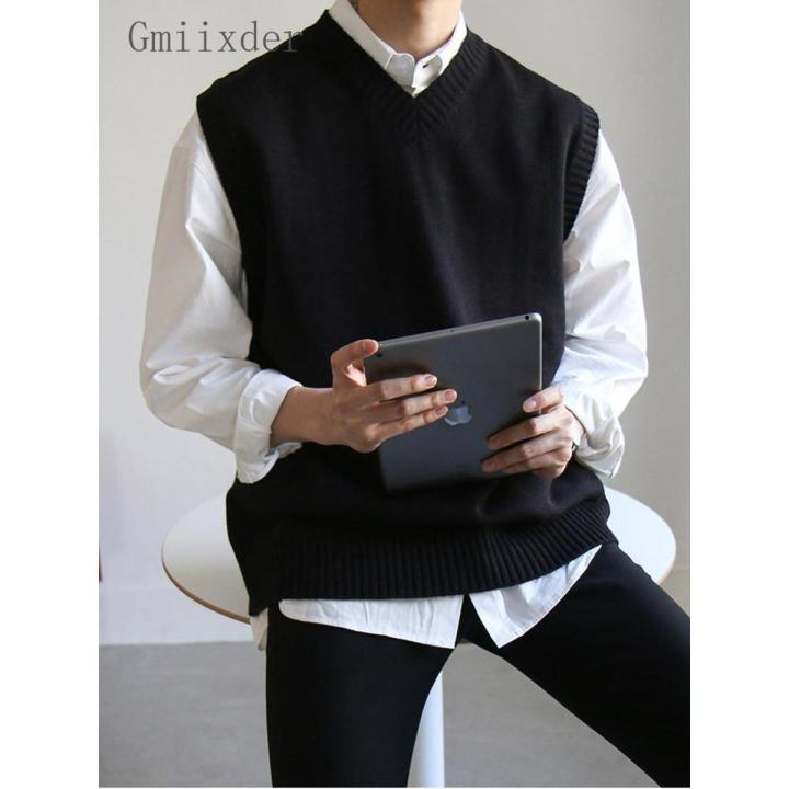 Gmiixder Sleeveless Sweater Vest Hong Kong Style Autumn Men's Loose Solid Bottoming Shirt V-neck Sweater Korean Trend Waistcoat