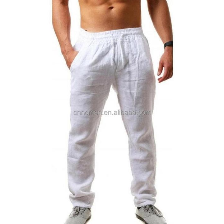 Man Casual Lightweight Linen Trousers Elastic Waist Straight Leg Men Pants