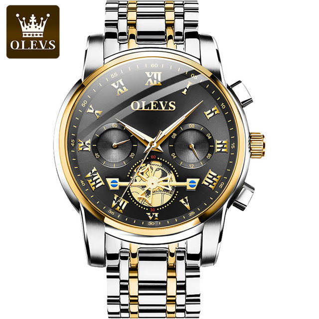 "Olevs 2859 Silver & Golden Two Tone Stainless Steel Chronograph Wrist Watch For Men - Black & Silver & Golden"