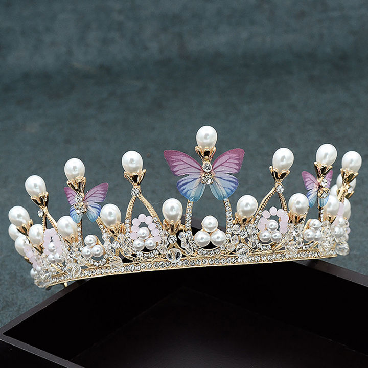 1Pc Crystal Princess Crown Rhinestone Tiara for Girl Birthday Wedding Model Catwalk Queen Crown Pearl Butterfly Hair Jewelry Mzea