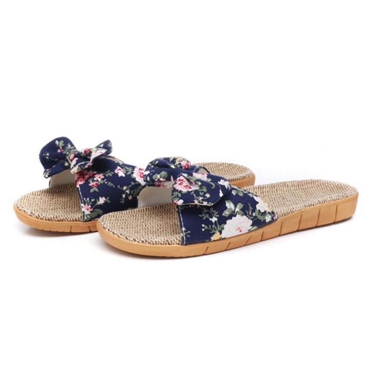 Summer 8 Colors Flax Home Slippers Women Beach Flip Flops Non-slip Female Sandals Bohemia Bowknot Linen Flip Flops Beach Shoes