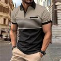 Business Men's Polo T Shirt Summer Short Sleeve Clothing Fashion Stripe Print Street Casual Buttons Tops Oversized Pullover. 