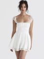 2023 Summer Elegant White Lace Strap Mini Dress For Women Fashion Sleeveless Backless Loose Short Dresses Pure Color Shapewear. 