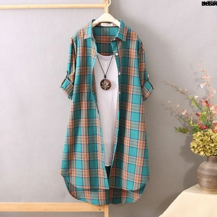 New%20mid-length%20%EF%B9%8D%20Women's%20Thin%202019%20Coat%20Spring%20and%20Summer%20Plaid%20Korean%20Style%20Plaid%20Shirt%20Sleeve%20Top%20Loose%20Large%20Coat%20Undershirt%20Wide%20Shirt%20_%E2%80%99%20-%20Image%207