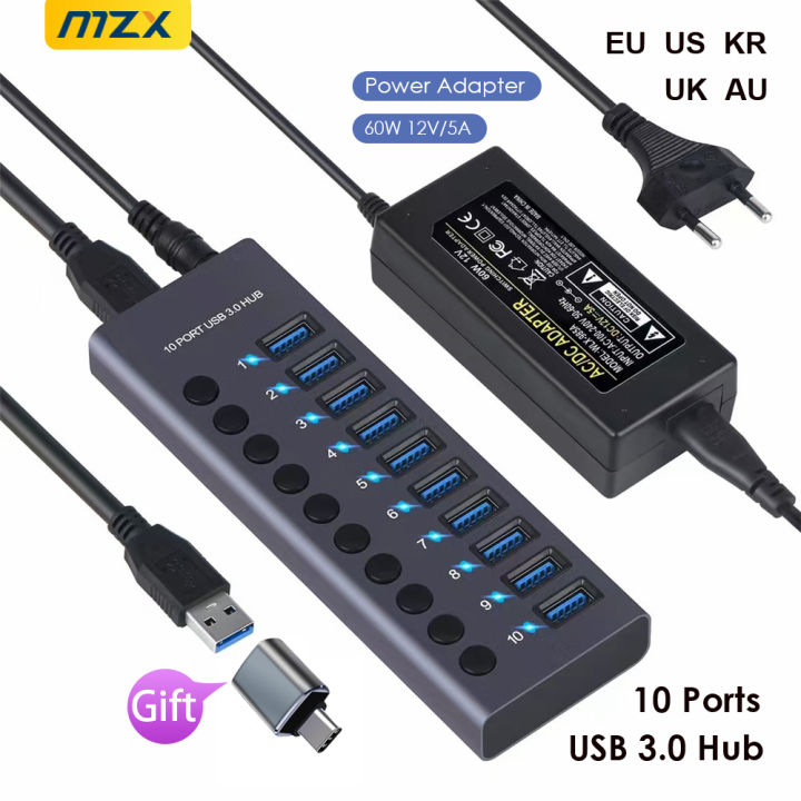 MZX 10/7/4 Port Aluminum USB 3.0 Hub A 3 0 Multi Splitter Concentrator Multiple Extension Hub Switch Power Adapter for PC Laptop