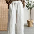 【Zihe】Linen Wide-Leg Pants Straight High Waist Solid Color Casual Pants Loose and Elastic Cropped Summer Versatile Ladies.