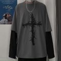 Gothic Goth Style Tshirt 2021 Mall Goth Tops Punk Long Sleeve Oversized T-shirt Fake Two-piece Street Fashion Korean Style.