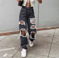 Women's Fashion Sexy Jeans Casual High Waist Pants Ripped Trousers Women Jeans Retro Denim Ripped Holes Frayed Loose Jeans Women.