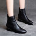 Mature fashion mom leather boots mid heel women's boots autumn and winter new korean version pointed toe block heel short fashion boots for women.