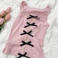 Girlish Style Contrast Color Bow Button Hollow out Stitching Lace Slim Fit Slimming and Short Niche Spaghetti-Strap Camisole Top. 