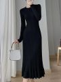 Duomofu Knitted White Dress Women Korean Fashion Ruffle Long Dresses Female Autumn Winter Elegant Long Sleeve Slim Sweater Dress.