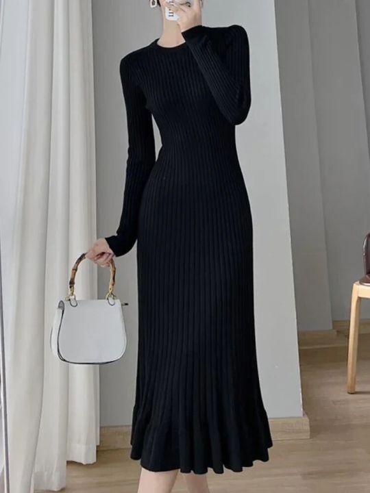 Duomofu%20Knitted%20White%20Dress%20Women%20Korean%20Fashion%20Ruffle%20Long%20Dresses%20Female%20Autumn%20Winter%20Elegant%20Long%20Sleeve%20Slim%20Sweater%20Dress%20-%20Image%205