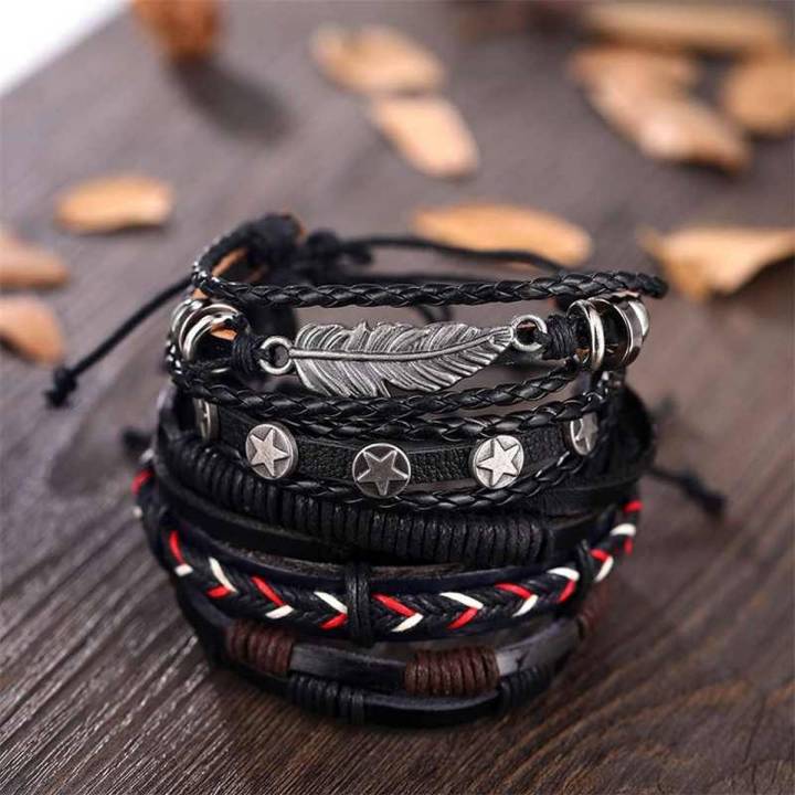 Trendy Imported Pcs Multilayer Handmade European Leather Bracelet Charms  Beads for Men Women Unisex Punk Wrist Hand Bands Bracelet For Women