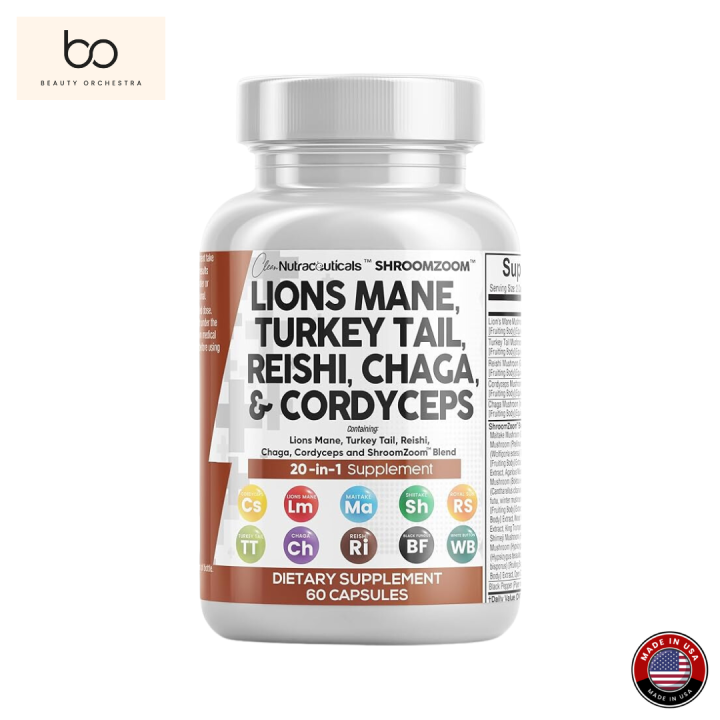 Clean Nutraceuticals Lions Mane 3000mg 20in1 Mushroom Supplement with Turkey Tail 2000mg Reishi 1000mg Cordyceps Chaga 1000mg Maitake Meshima Poria Cocos Shiitake Oyster Porcini Enoki 60 Count