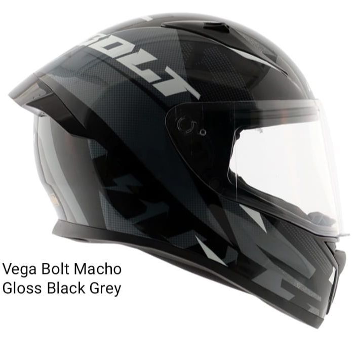 Vega Bolt Bunny Macho Glossy Black Grey full face helmet with dual certification.