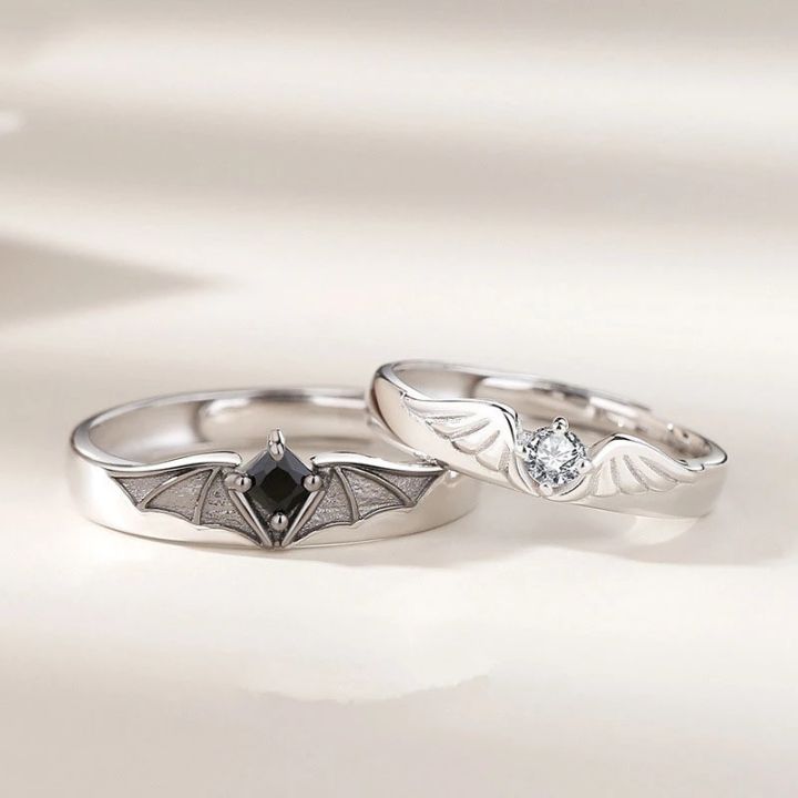 Luxury Romantic Angel Demon Couple Rings for Women Men Fashion Zircon Wings Design Adjustable Engagement Wedding Ring Jewelry Loser Lione