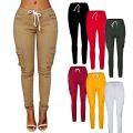 Spring Women Pencil Pant Lace Up Waist Casual Women Pants Solid Multi-Pockets Plus Size Cargo Pants Slim Fit Trousers BQ. 