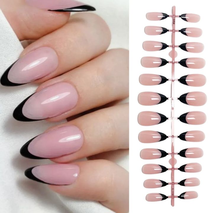 120pcs%20French%20Tip%20Press%20on%20Nails%20Almond%20Shape%20False%20Nails%20Full%20Cover%20Acrylic%20Nails%20White%20Black%20Tips%20Glossy%20Stick%20on%20Nail%20-%20Image%207