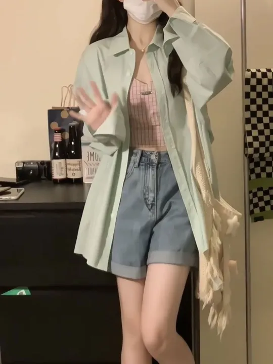 Mint%20Green%20Sun%20Protection%20Shirt%20Women's%20Summer%20New%20Korean%20Style%20Lazy%20Style%20Thin%20Loose%20Shirt%20Mid-Length%20Coat%20-%20Image%203