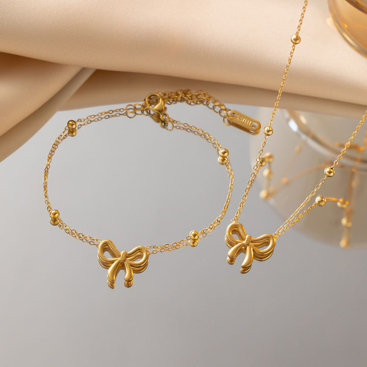 Stainless Steel 18K Gold Plated Ribbon Bow Necklace Bowknot Choker Necklace Bracelet Gifts for Women Girls Fashion Jewelry