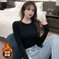 New Fleece-Lined Black Long Sleeve T T-shirt Women's Autumn and Winter Inner Bottoming Shirt Women's Thickened Warm Slim-Fit Figure Flattering Top. 