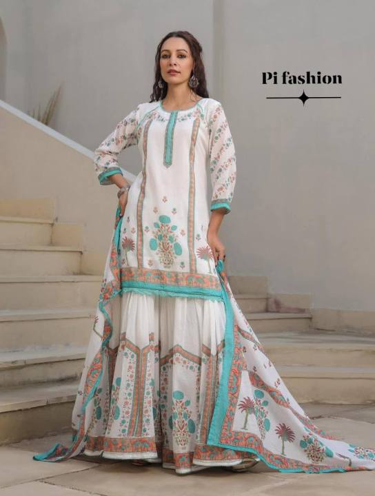 Sharara%20Three%20Piece%20Set%20Women's%20Traditional%20Indian%20Cotton%20Salwar%20Kameez%20with%20Embroidered%20Top%20And%20Palazzo%20Pants%20-%20Image%202