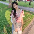 Summer Sweet Japanese Sailor Collar Ice Silk Stripes Knitted Short Sleeve T T-shirt Design Hot Girl Casual Top.