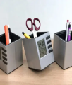 Pen Holder with Digital Watch - Silver Cube Desk Pen Stand With Digital Clock (Temperature , Alarm & Calendar) | smart pen holder.
