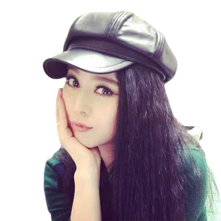 Bingbing%20Fan%20Ye%20with%20the%20new%20autumn%20PU%20leather%20simple%20beret%20painter%20hat%20solid%20color%20leather%20octagonal%20hat%20female%20-%20Image%204
