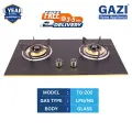 Gazi Smiss TG-202 Double Burner Gas Stove – Auto Ignition, Tempered Glass LPG/NG Supported.