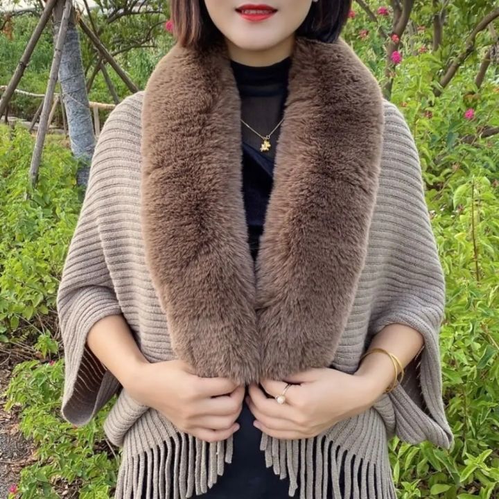 Knitting%20Thick%20Women's%20Loose%20Shawl%20with%20Faux%20Fur%20Collar%20for%20Evening%20Dresses%20Wedding%20Knitting%20Shawl%20Plush%20Wraps%20Cardigan%20Cape%20-%20Image%202