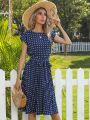 Women Polka Dot Print Vestido summer Elegant High Waist Short Sleeve Midi Dresses 2023 Beach Casual Floral Pleat A-line Sundress. 