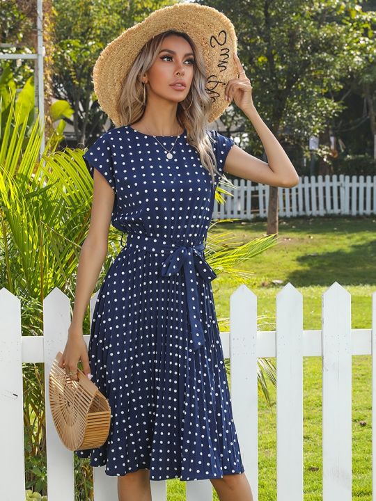 Women%20Polka%20Dot%20Print%20Vestido%20summer%20Elegant%20High%20Waist%20Short%20Sleeve%20Midi%20Dresses%202023%20Beach%20Casual%20Floral%20Pleat%20A-line%20Sundress%20-%20Image%203