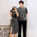 Couple Wear One Dress One Dress French Simplicity Square Collar Solid Color SummerXSplit Long Dress MenTT-shirt. 