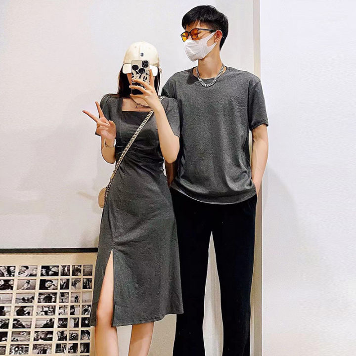 Couple%20Wear%20One%20Dress%20One%20Dress%20French%20Simplicity%20Square%20Collar%20Solid%20Color%20SummerXSplit%20Long%20Dress%20MenTT-shirt%20-%20Image%202