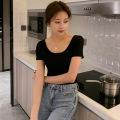 Black T T-shirt Women's Short Sleeve Tight Cotton Low-Neck Slim Fit Big Neckline Backless u Collar Top Bottoming Shirt Short Summer. 