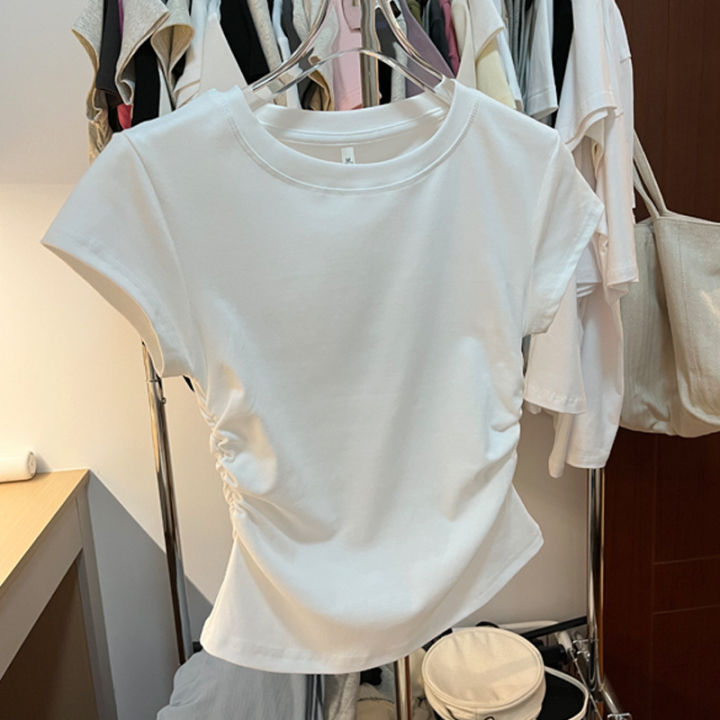 European%20and%20American%20Solid%20Color%20Shoulder%20T%20T-shirt%20Short-Sleeved%20Women's%20Summer%20Slim-Fit%20Chic%20Short%20Waist%20Easy%20Matching%20Waisted%20Gray%20Top%20-%20Image%206