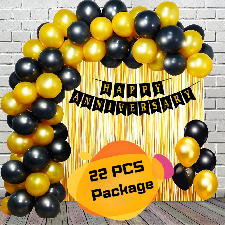 Happy Anniversary Decoration Combo Pack- Golden Curtains, Metallic Balloons With Anniversary Paper Banner Decoration Set Full Package- (Pack of 22