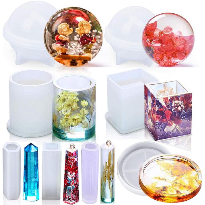 8Pcs Silicone Epoxy Resin Casting Art Molds Include Round, Square, Sphere, Pendant, Coaster for DIY Jewelry, Flower Pot