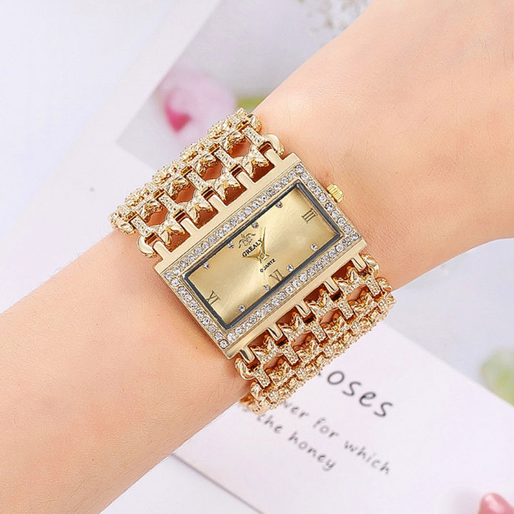 【Aesth Diary Store】（NEW）Glitter Women Hollow Wide Band Roman Numeral Rhinestone Square Watch