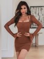 Mozision Two Layer Mesh Mini Dress For Women Elegant Square Collar Full Sleeve Bodycon Ruched Party Short Dress Vestido. 