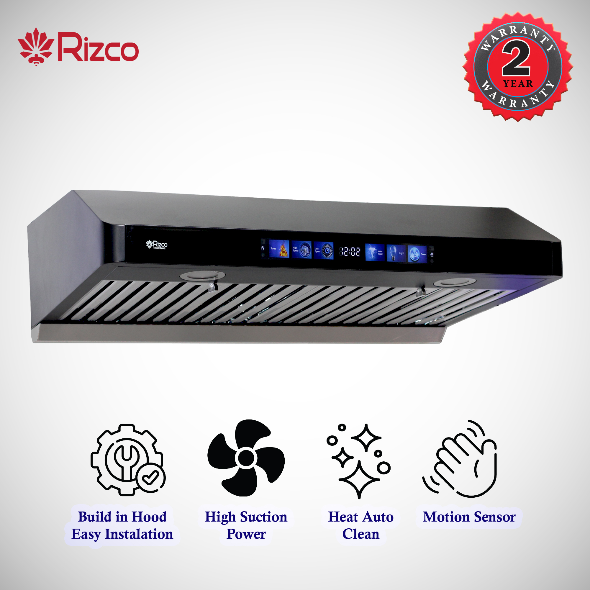 Rizco Kitchen Hood Slim Type 30 inch, Heat Auto Clean, 9 Speed, DC Motor