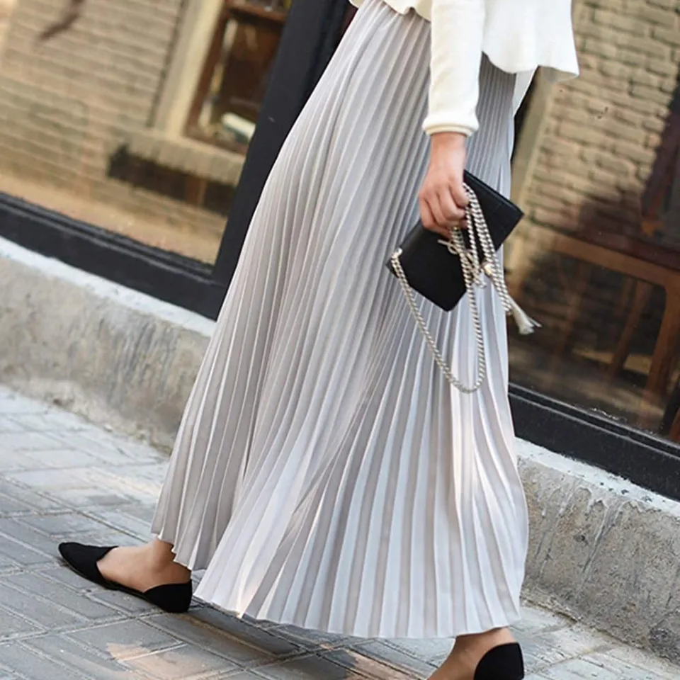 Elegant Long Skirts Womens Vintage Pleated Midi Long Skirt Female Korean Casual High Waist Chiffon Skirts Jupe Faldas Mujer Daraz .bd