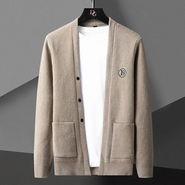 Korean Khaki Black Gray Cardigan Jacket Men Clothing Solid Color