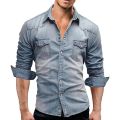 Men's Slim Fit Casual Long Sleeve Shirt Fashion Motorcycle Long Sleeve Coat European and American Vintage Denim Shirt. 