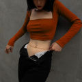 Autumn Women's T-shirt New Long Sleeves Casual Bodycon Crop Top Female T-shirts Brown Streetwear Fashion Slim Cropped Tops.