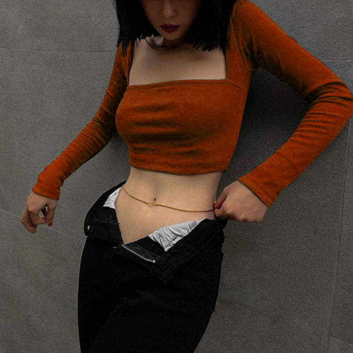 Autumn Women's T-shirt New Long Sleeves Casual Bodycon Crop Top Female T-shirts Brown Streetwear Fashion Slim Cropped Tops