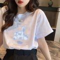138 Korean Style Short Sleeve T T-shirt Women's, Blue Bottoming Top round Neck Loose Casual New Bear Printed Summer T-shirt.